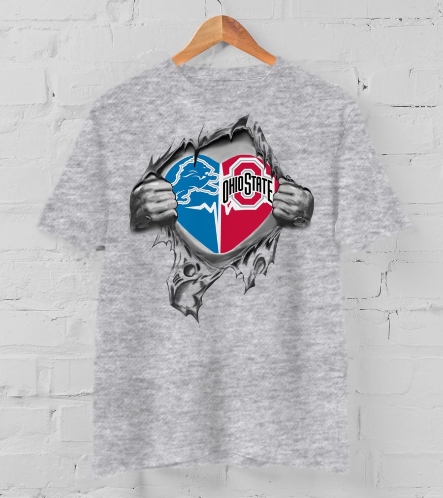 Detroit Lions Ohio State Buckeyes Heart Symbol With Rip Effect T-Shirt