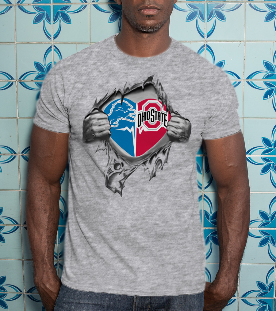 Detroit Lions Ohio State Buckeyes Heart Symbol With Rip Effect T-Shirt