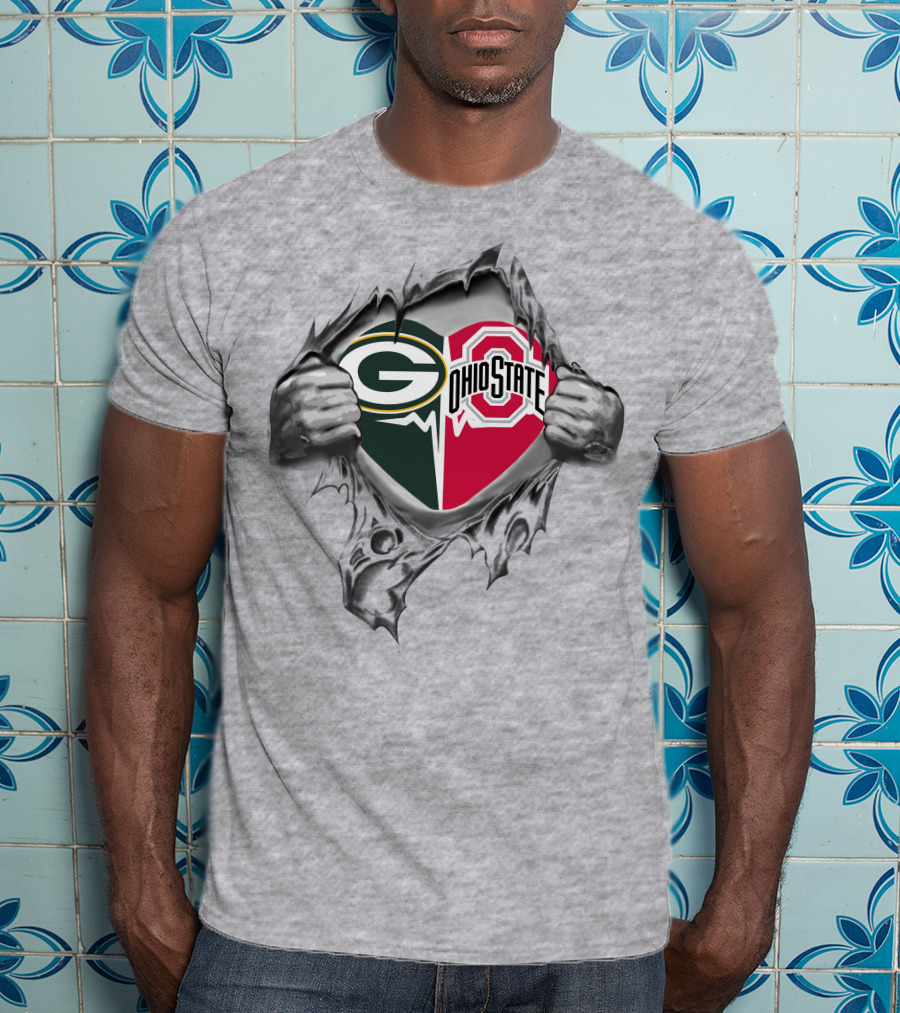 Green Bay Packers Ohio State Buckeyes Heart Design Rip Through T-Shirt