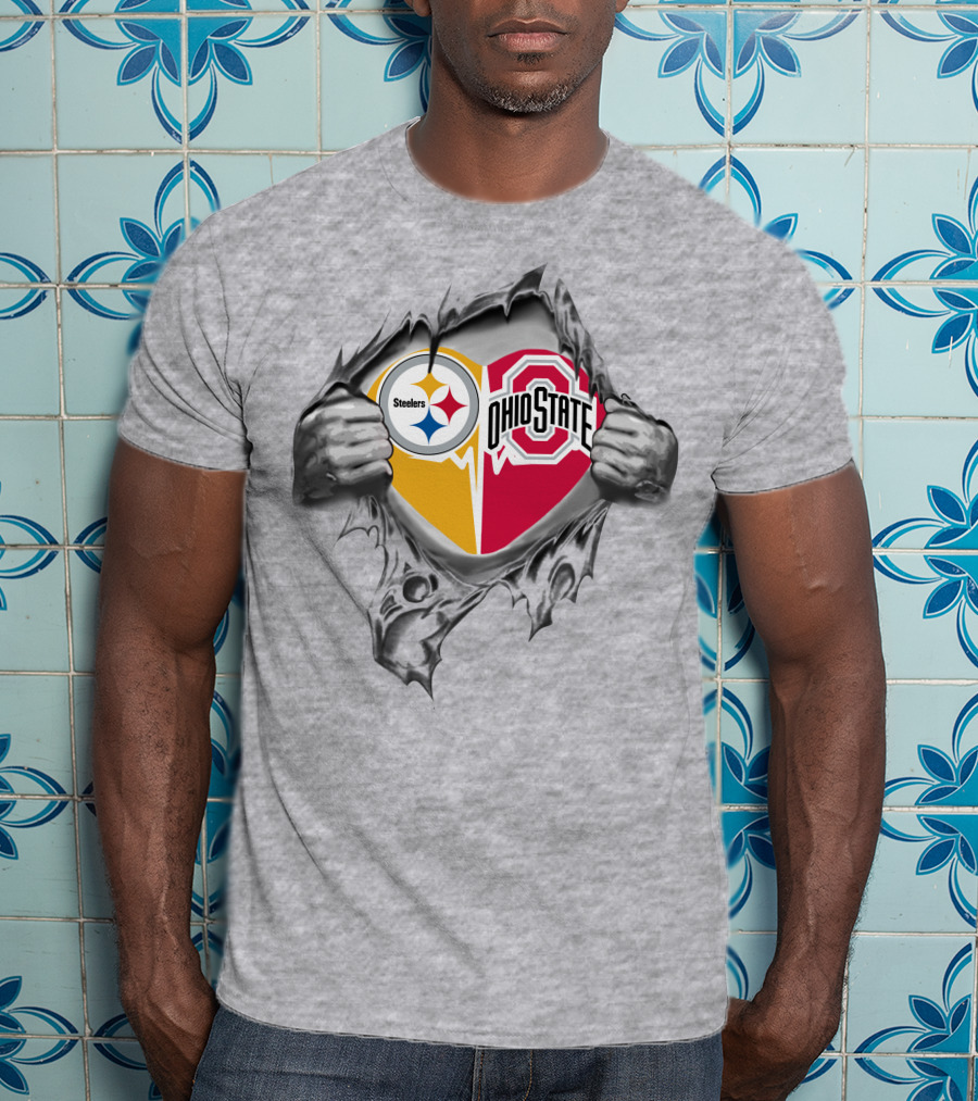 Steelers Heart Ohio State Buckeyes Logo With Ripped T-Shirt