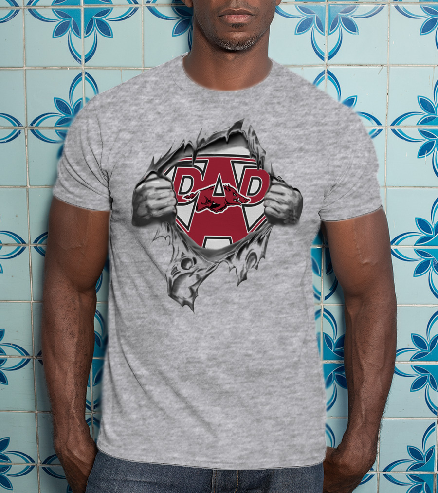 Razorbacks Super Dad Heroic Logo With Tearing Hands T-Shirt