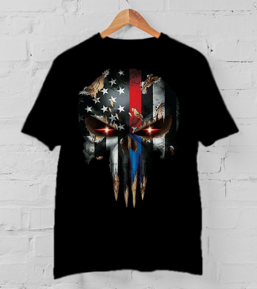 Independence Day Skull With American Flag Blue And Red Stripes T-Shirt