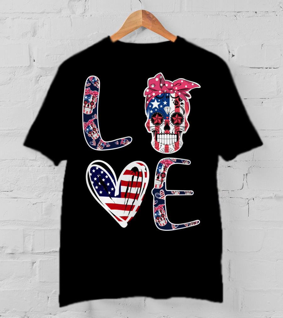 Skull Love American Flag Patriotic Bandana T-Shirt