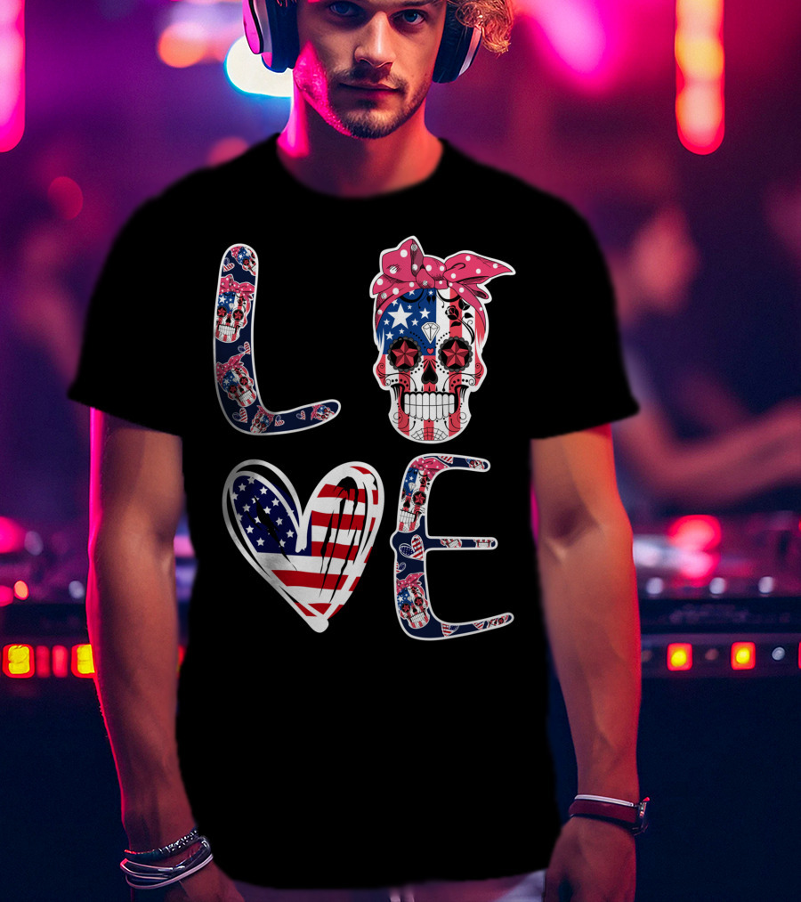 Skull Love American Flag Patriotic Bandana T-Shirt
