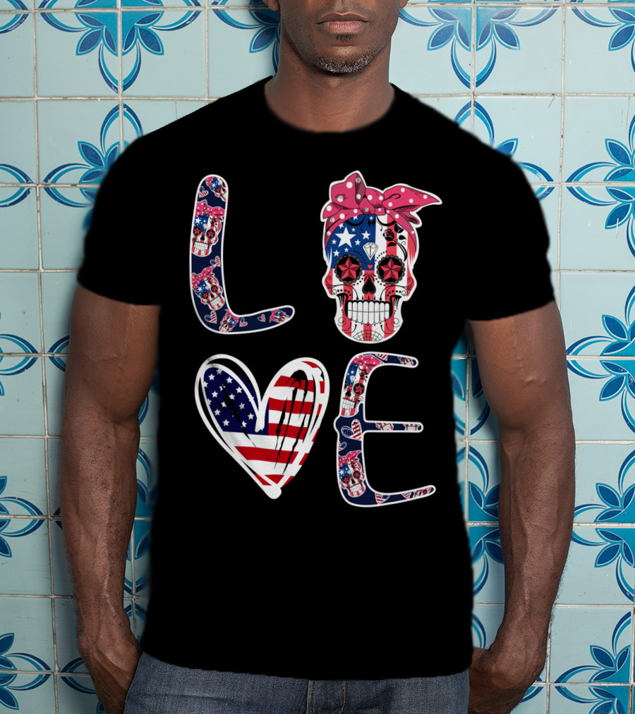 Skull Love American Flag Patriotic Bandana T-Shirt