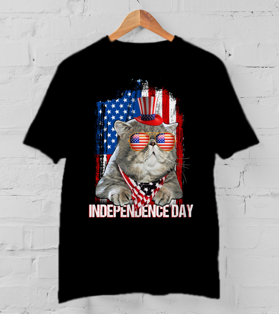 Independence Day Cat With American Flag Glasses And Top Hat T-Shirt