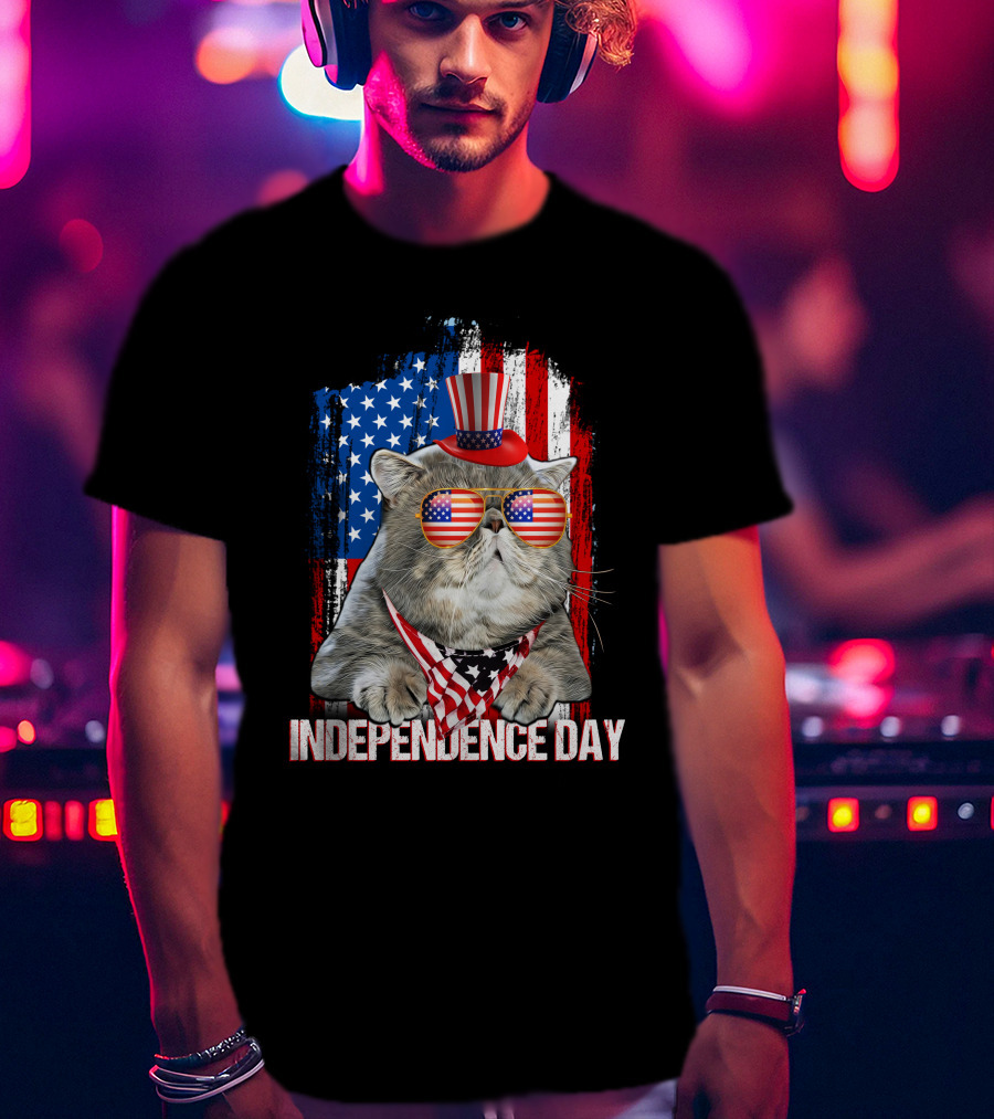 Independence Day Cat With American Flag Glasses And Top Hat T-Shirt