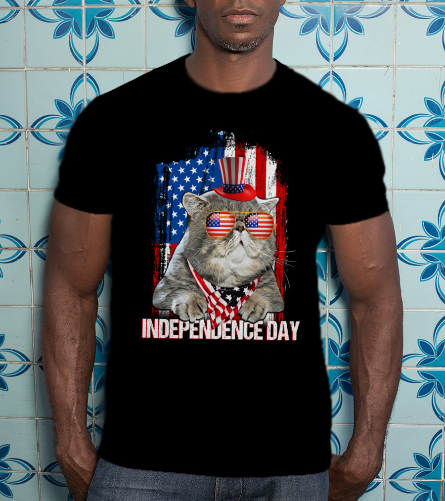 Independence Day Cat With American Flag Glasses And Top Hat T-Shirt
