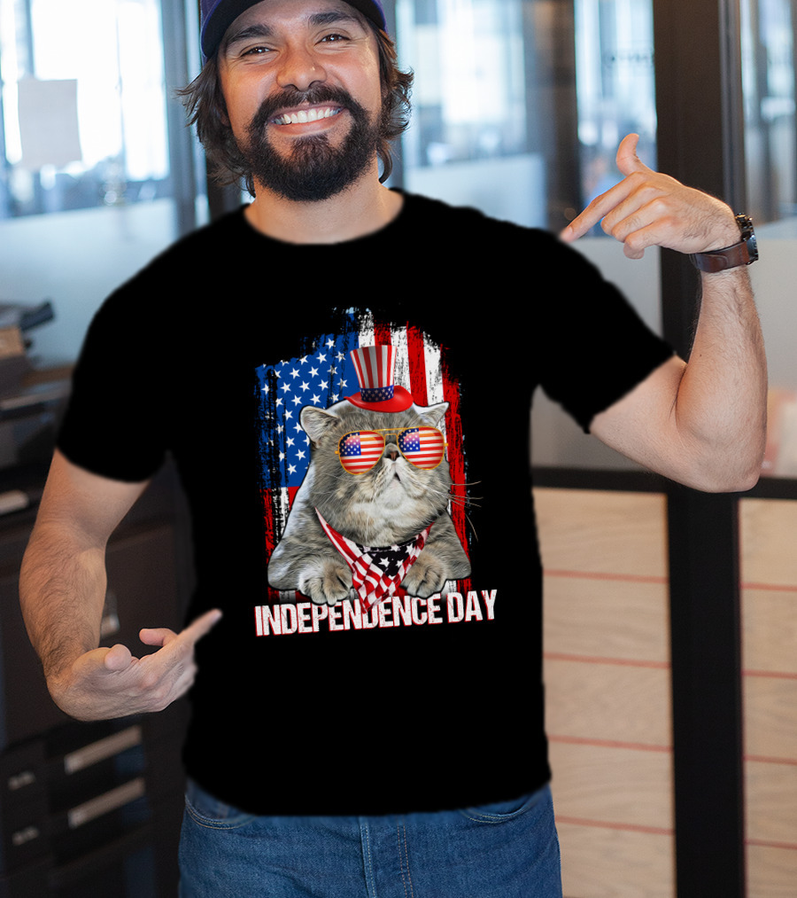 Independence Day Cat With American Flag Glasses And Top Hat T-Shirt