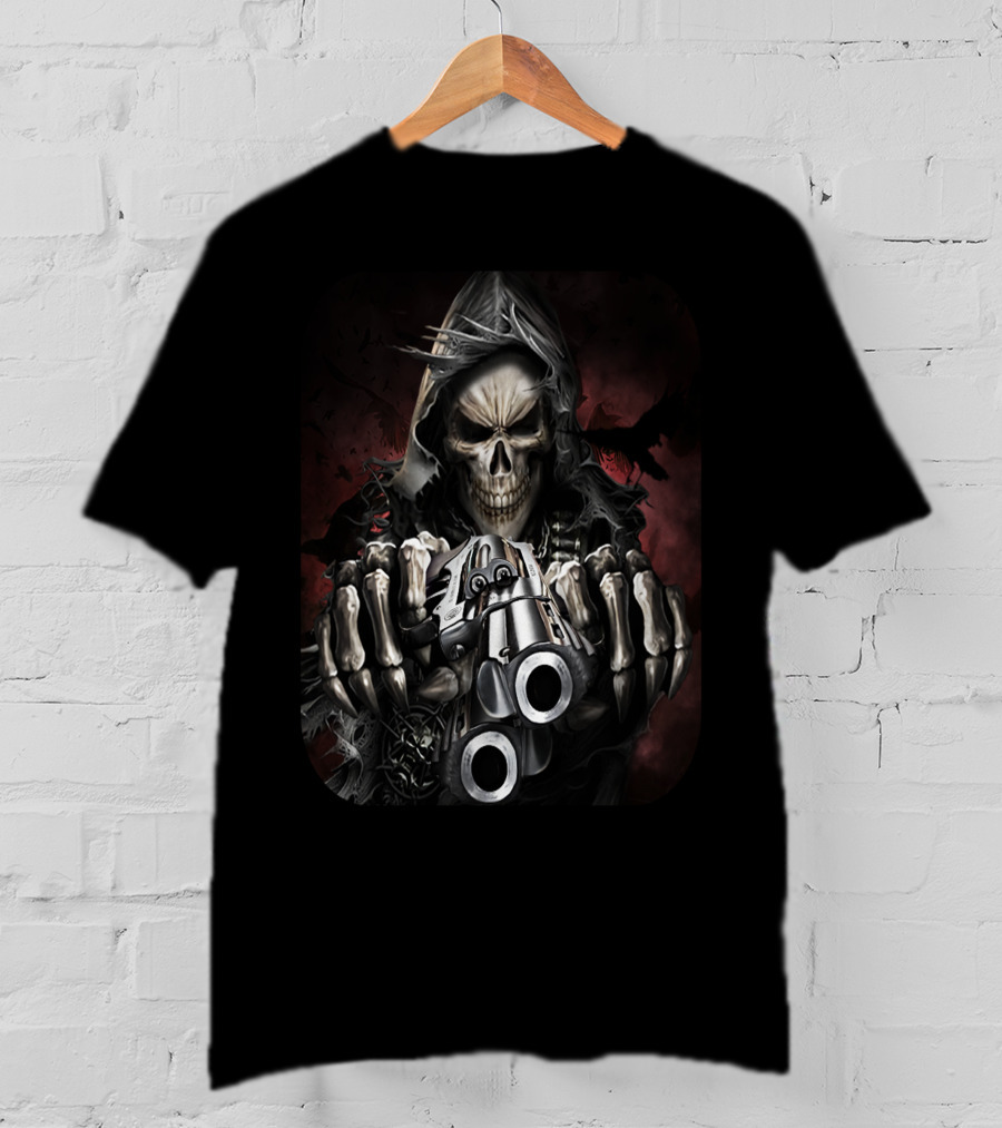 Reaper Skull Hooded Cloaked Figure With Dual Guns T-Shirt