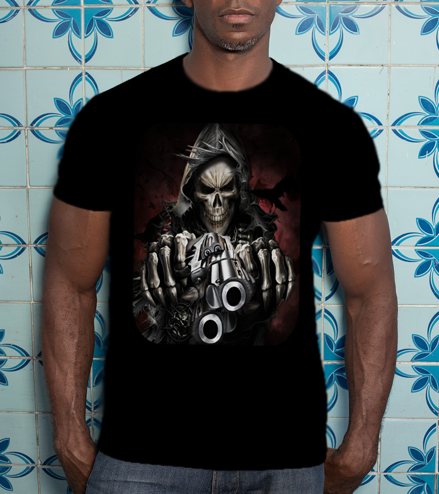 Reaper Skull Hooded Cloaked Figure With Dual Guns T-Shirt