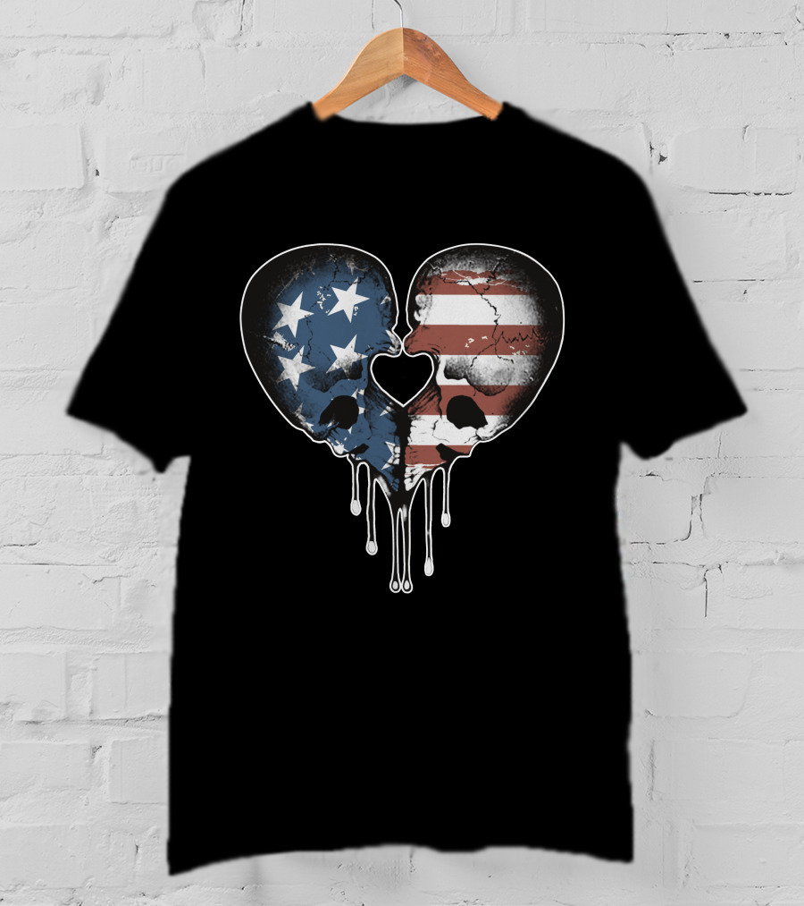 American Skulls Love Heart Stars And Stripes T-Shirt