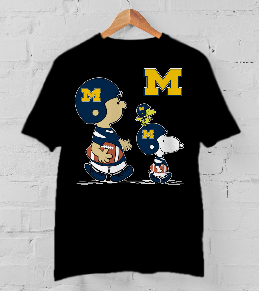 Michigan Wolverines Peanuts Football Characters With Iconic Block M T-Shirt