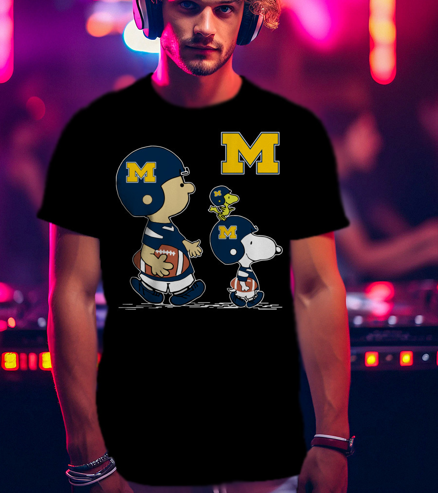 Michigan Wolverines Peanuts Football Characters With Iconic Block M T-Shirt