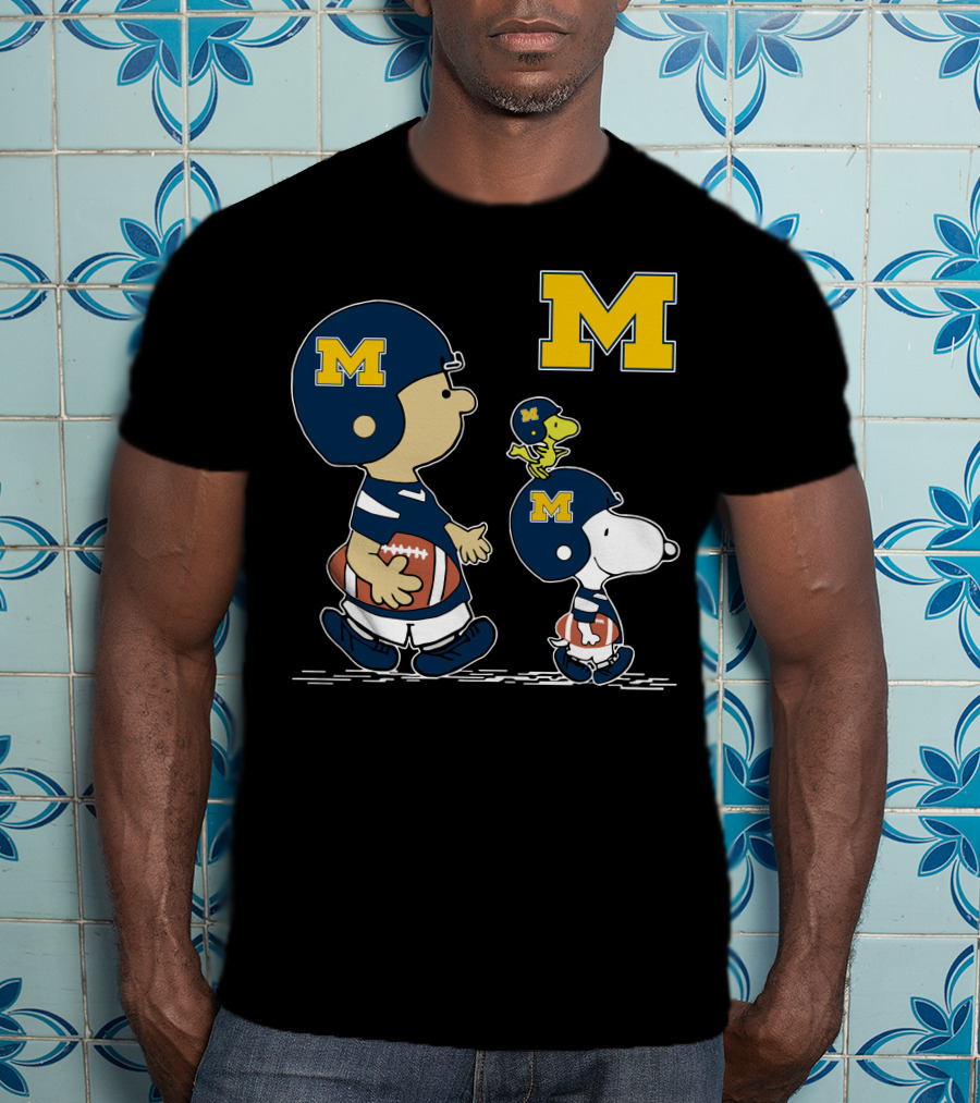 Michigan Wolverines Peanuts Football Characters With Iconic Block M T-Shirt