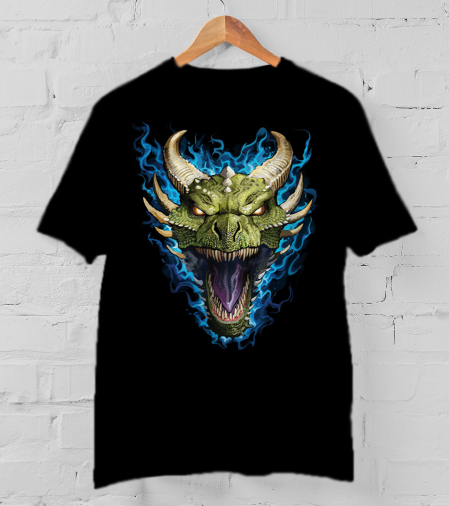 Green Dragon With Blue Flames And Horned Head T-Shirt