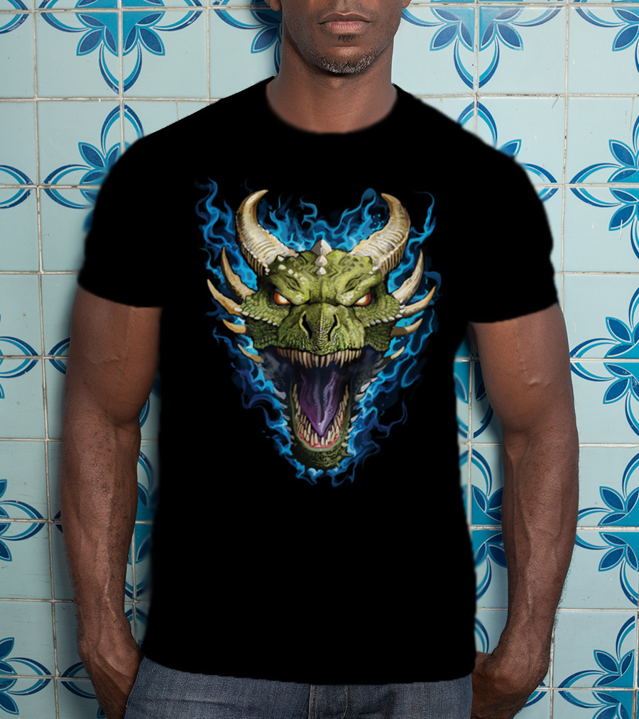 Green Dragon With Blue Flames And Horned Head T-Shirt