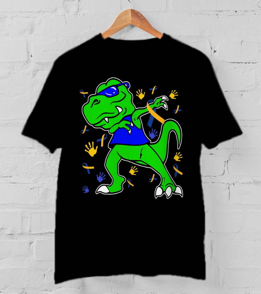 Dabbing Dinosaur With Sunglasses And Autism Awareness Ribbons And Handprints T-Shirt