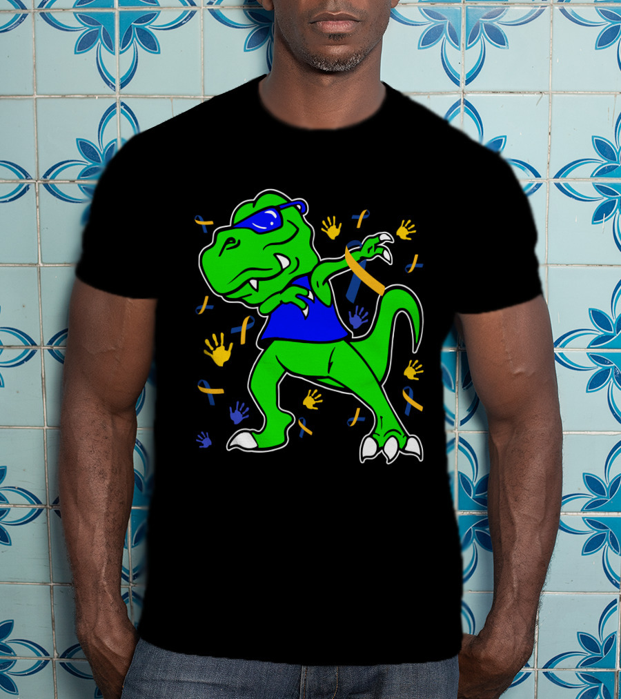 Dabbing Dinosaur With Sunglasses And Autism Awareness Ribbons And Handprints T-Shirt