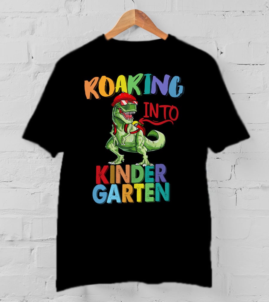 Roaring Into Kinder Garten Dinosaur With Red Cap And Backpack T-Shirt