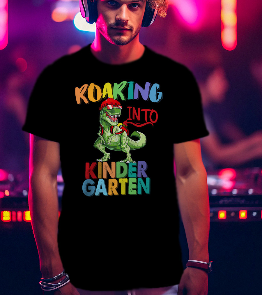 Roaring Into Kinder Garten Dinosaur With Red Cap And Backpack T-Shirt