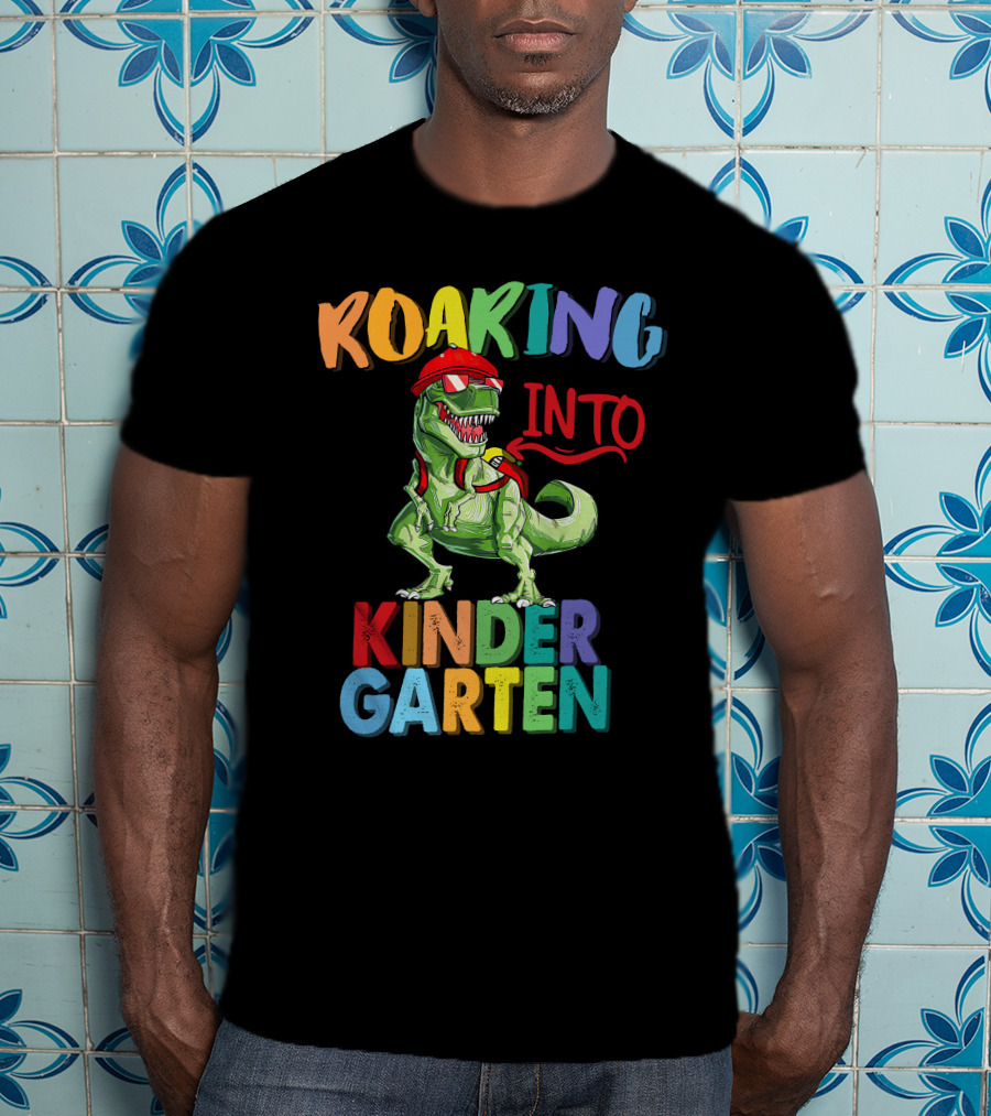 Roaring Into Kinder Garten Dinosaur With Red Cap And Backpack T-Shirt
