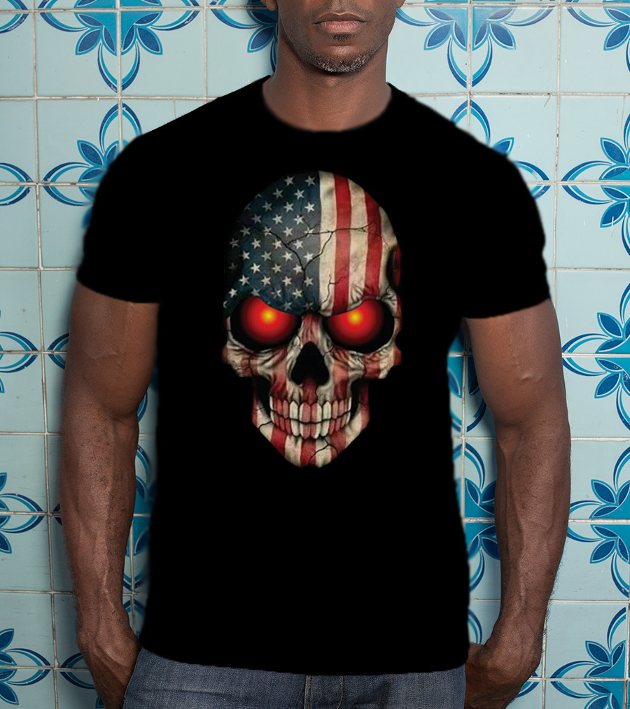 Stars And Stripes Skull With Glowing Eyes T-Shirt