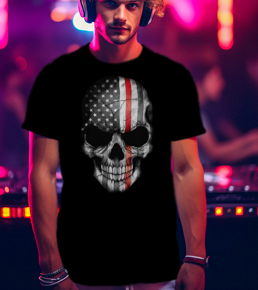 American Flag Skull With Red Stripe T-Shirt