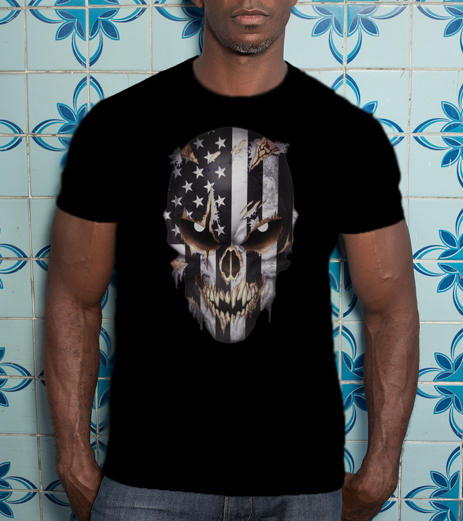 Skull With American Flag And Claw Marks T-Shirt