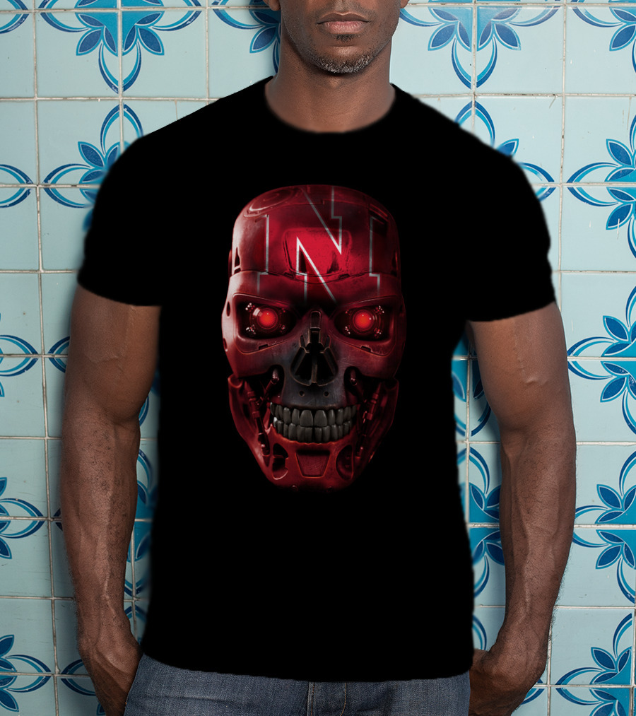 N Red Skull With Robotic Cornhuskers Face T-Shirt