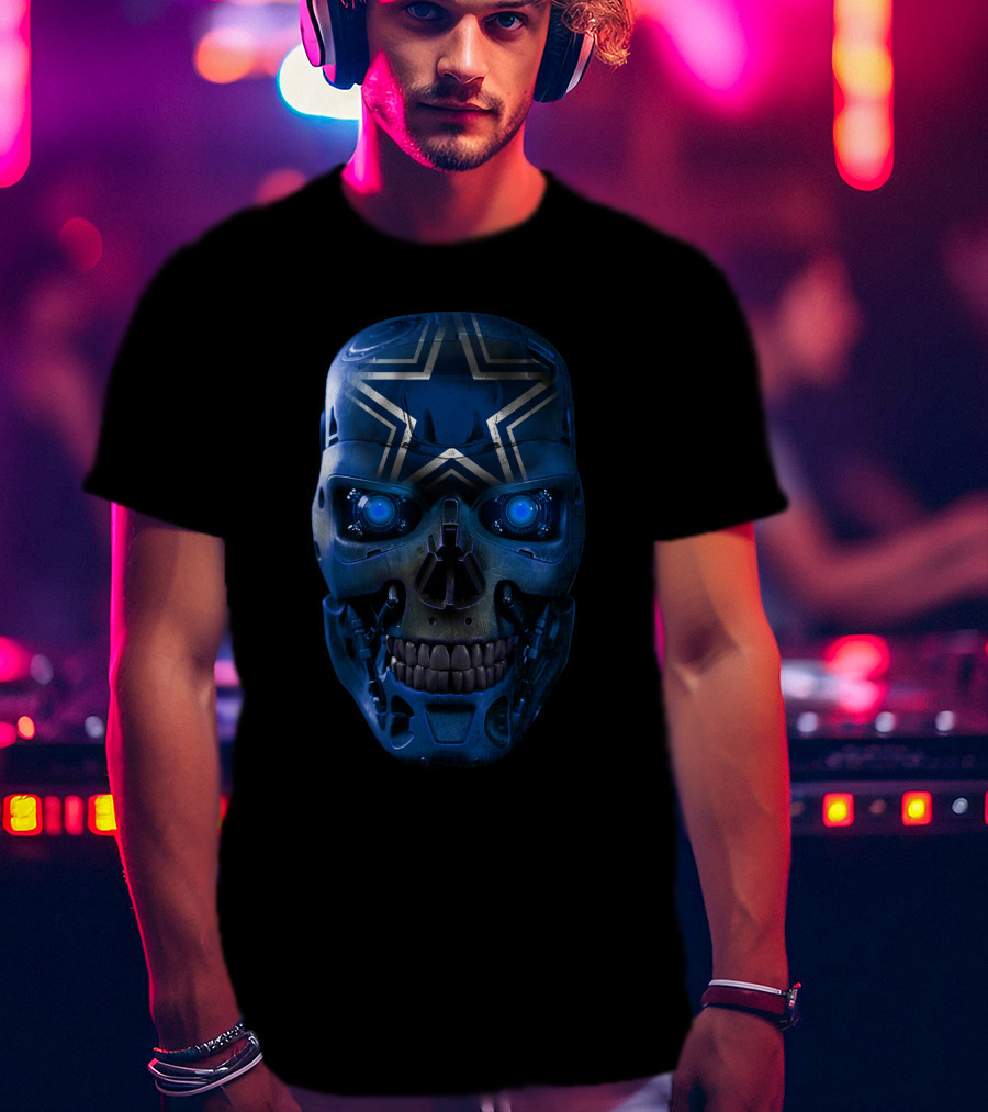 Skull Cowboys Blue Star Robot Face T-Shirt