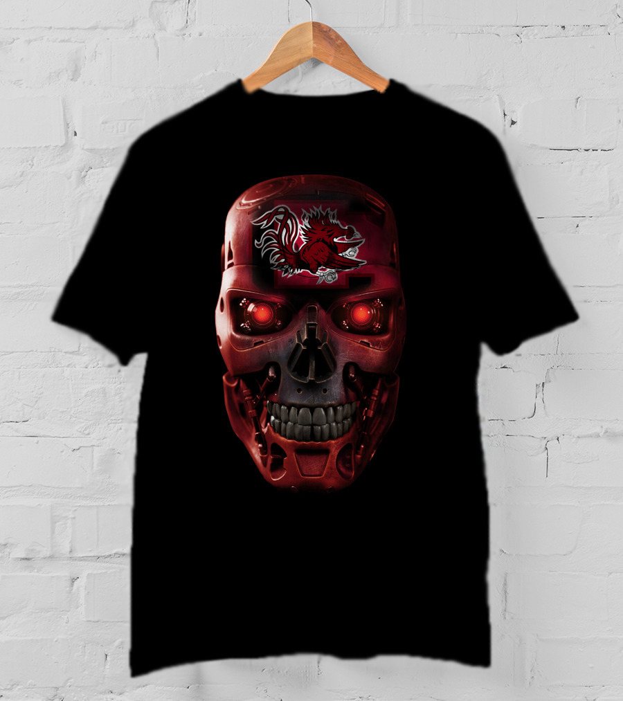 Skull Gamecocks Red Robotic Terminator Face With South Carolina Gamecock T-Shirt