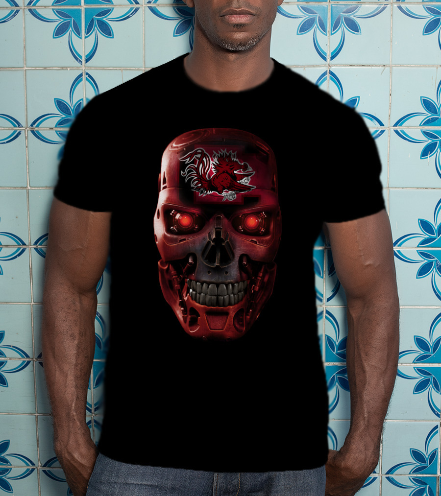 Skull Gamecocks Red Robotic Terminator Face With South Carolina Gamecock T-Shirt