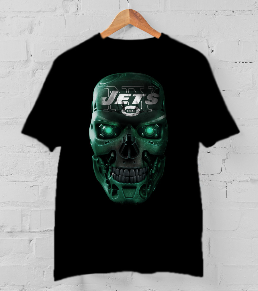 Green Robotic Skull Jets Football T-Shirt