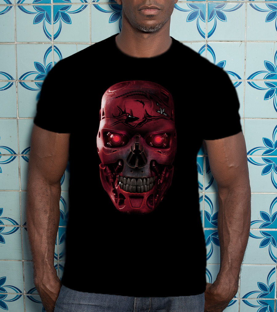Skull Razorbacks Terminator Red Robot Face T-Shirt