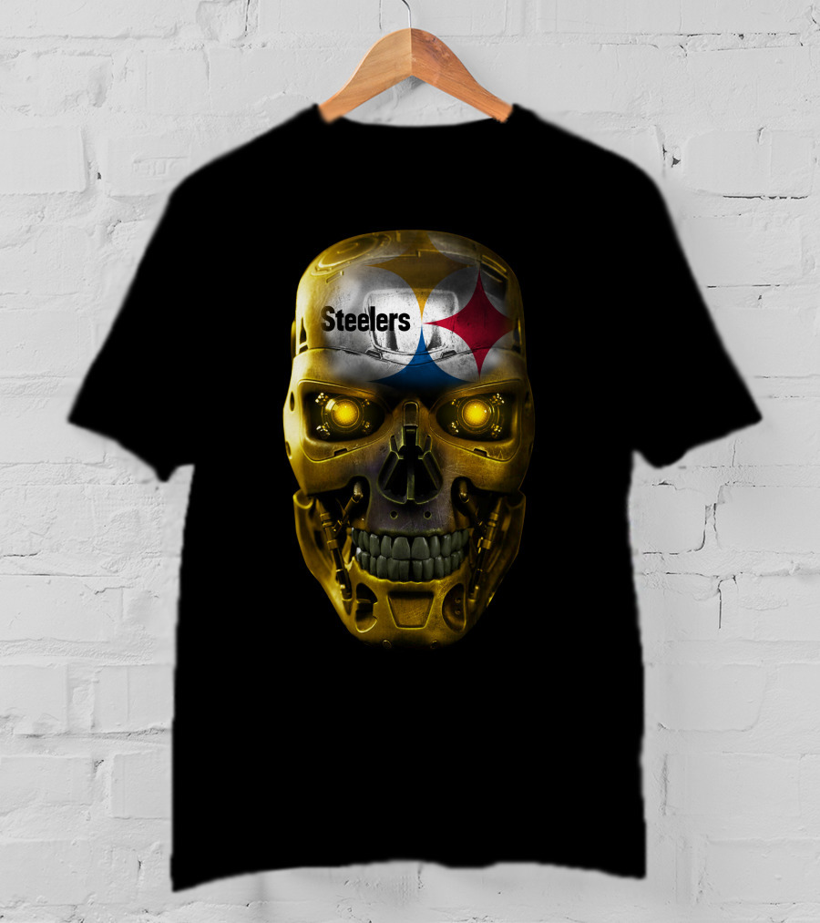 Steelers Skull Cyborg With Logo And Glowing Eyes T-Shirt
