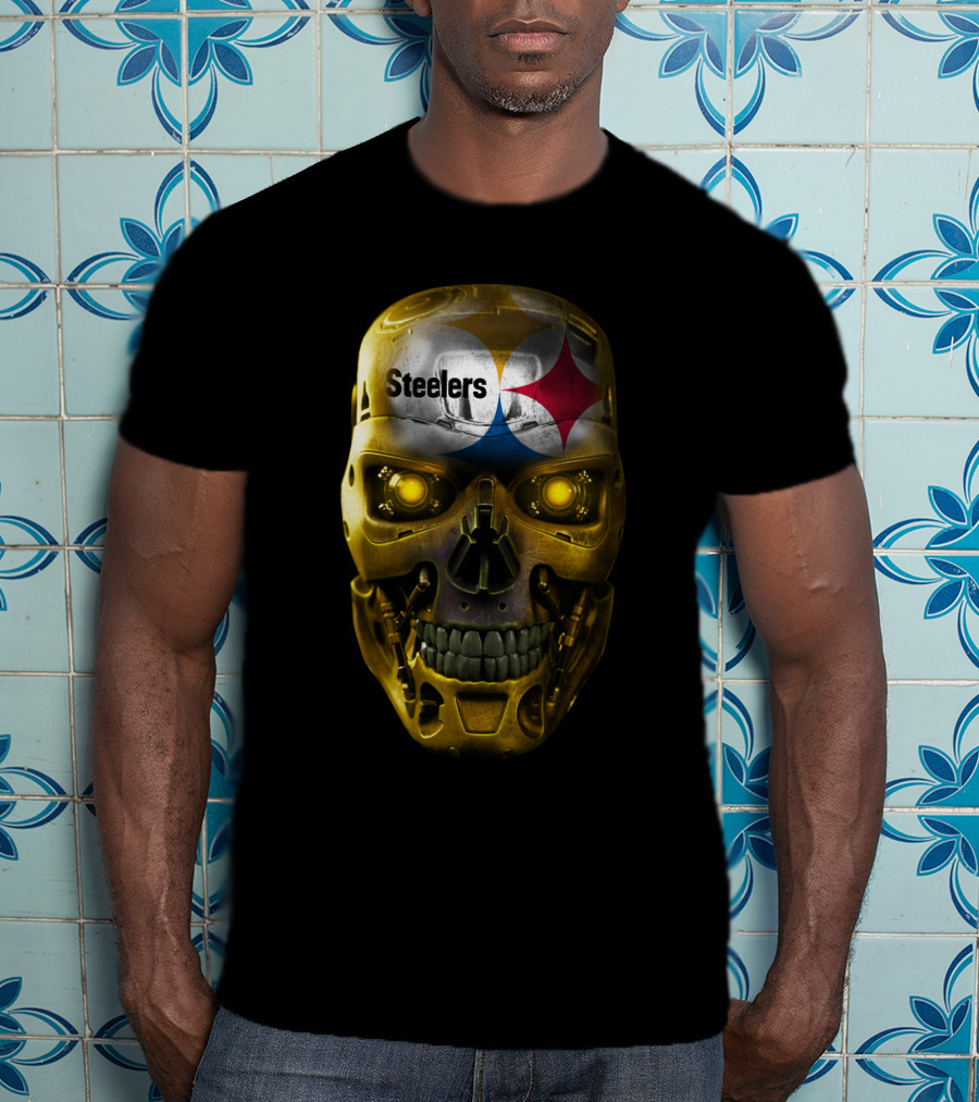 Steelers Skull Cyborg With Logo And Glowing Eyes T-Shirt