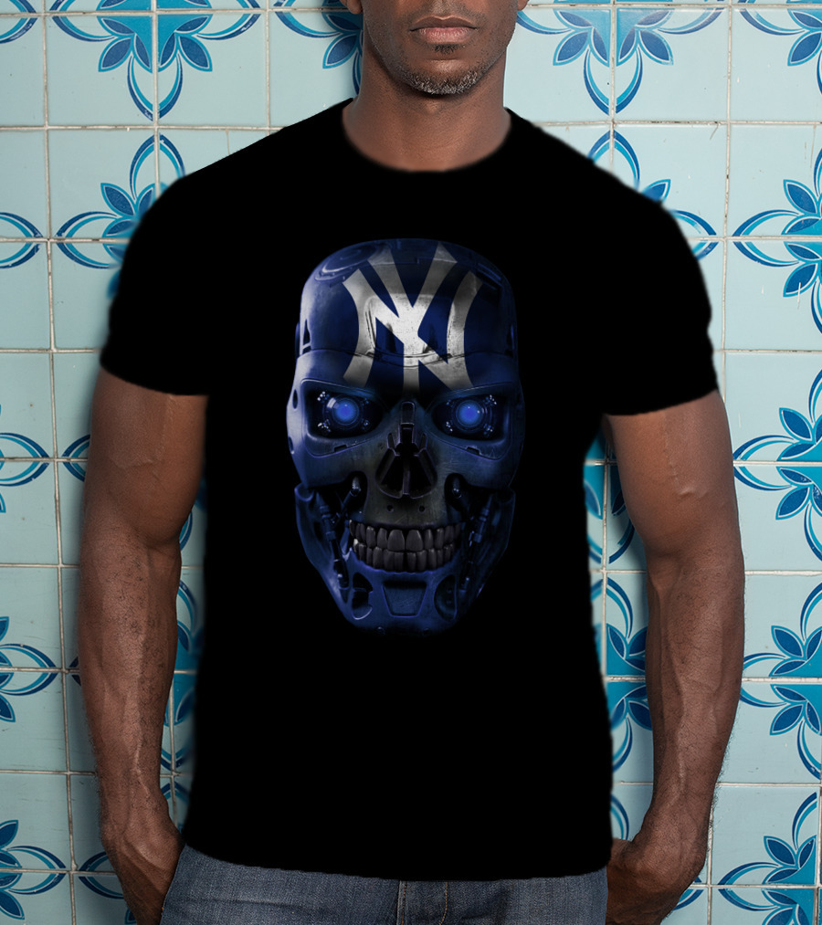Yankees Skull Robotic Face Blue Glowing Eyes T-Shirt