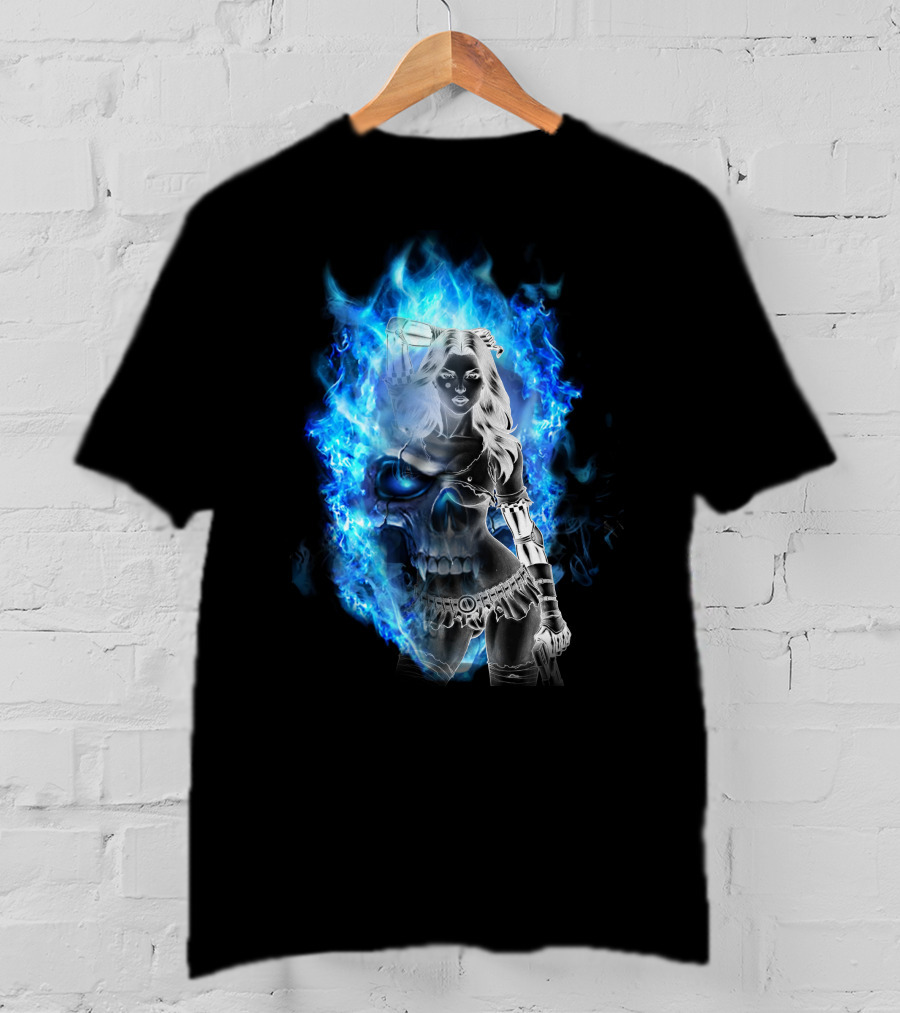 Skull Girl Blue Flames Warrior T-Shirt