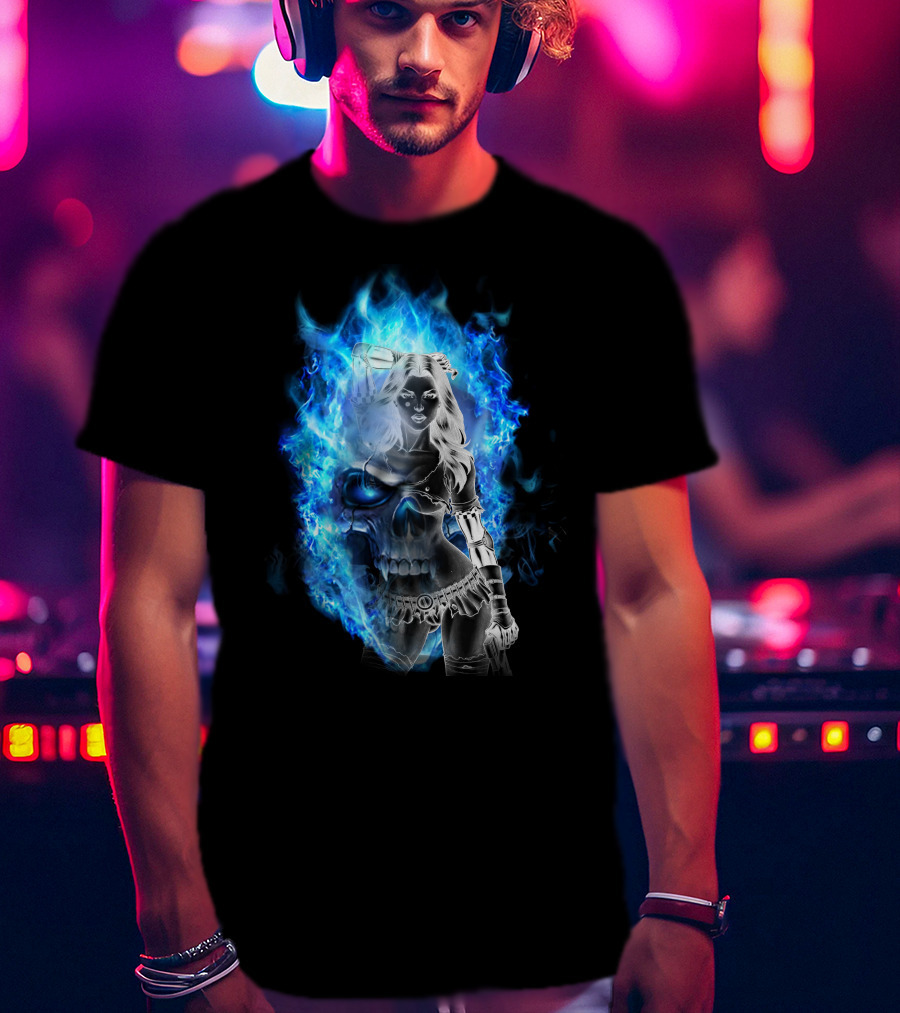 Skull Girl Blue Flames Warrior T-Shirt