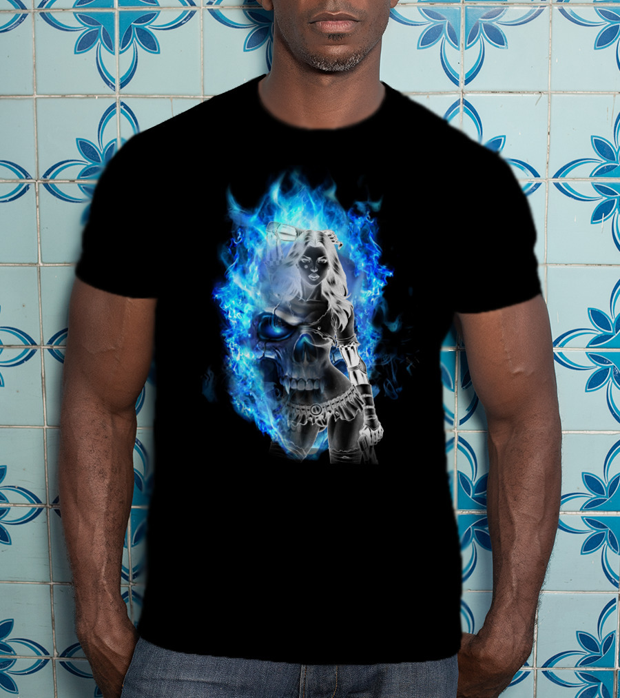 Skull Girl Blue Flames Warrior T-Shirt