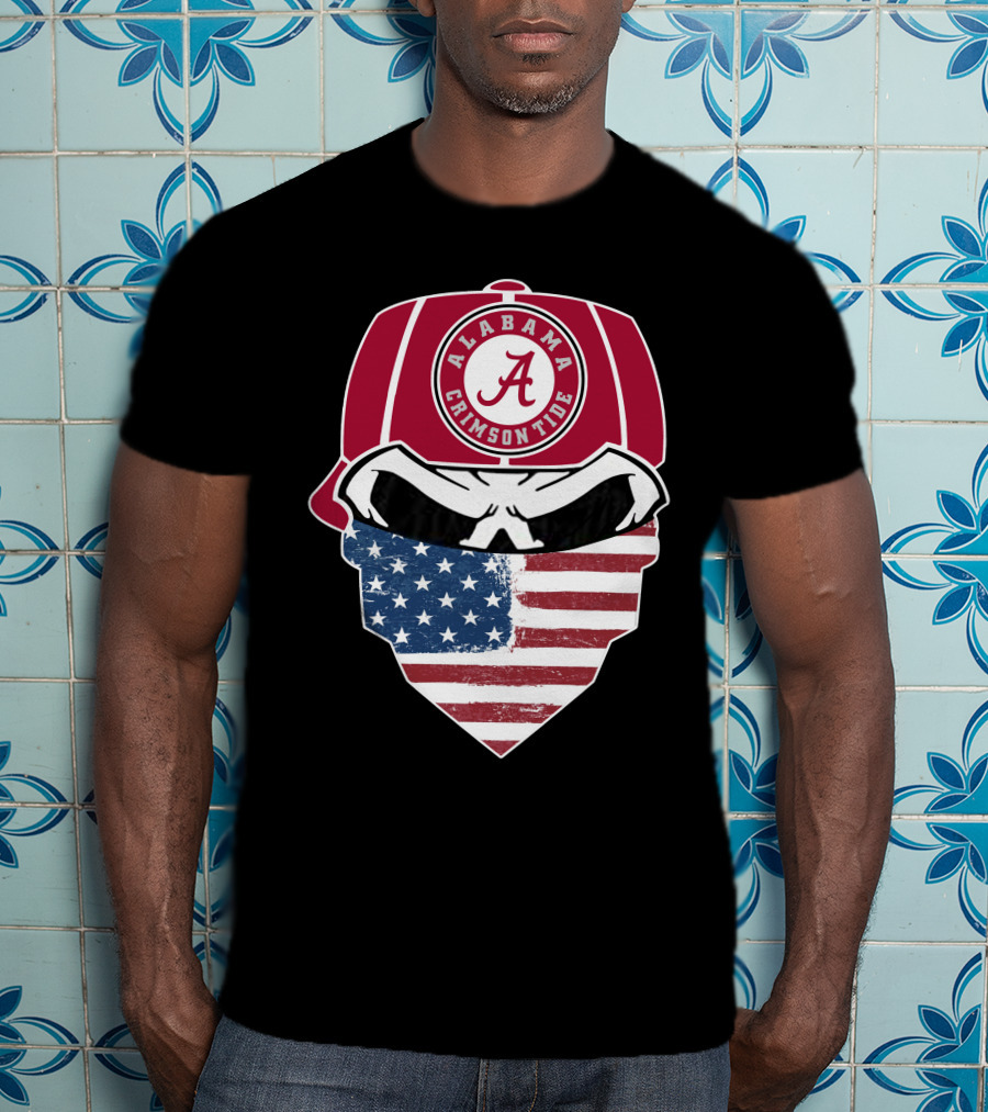 Alabama Crimson Tide Skull American Flag Bandana T-Shirt