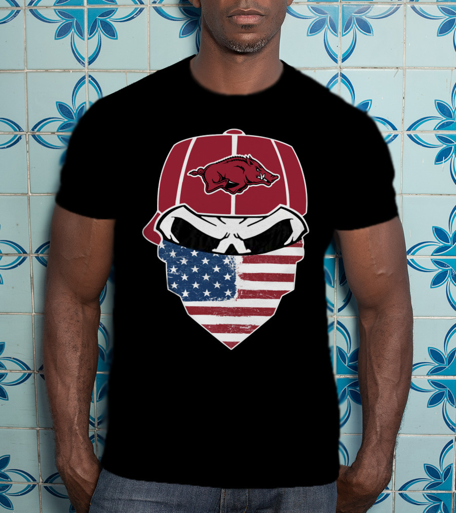 Arkansas Razorbacks Skull American Flag Bandana T-Shirt