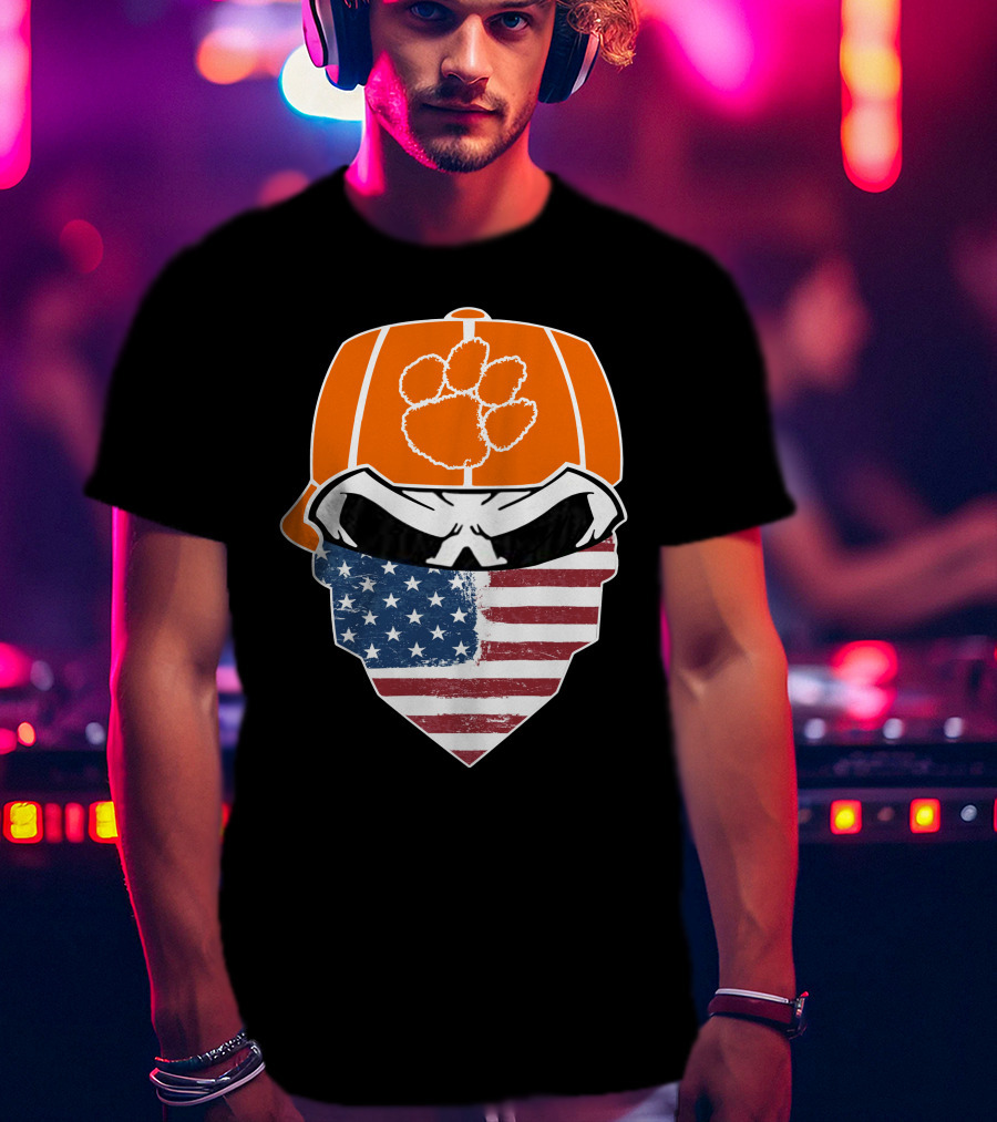 CLEMSON TIGERS Skuls Orange Cap Skull American Flag Bandana T-Shirt