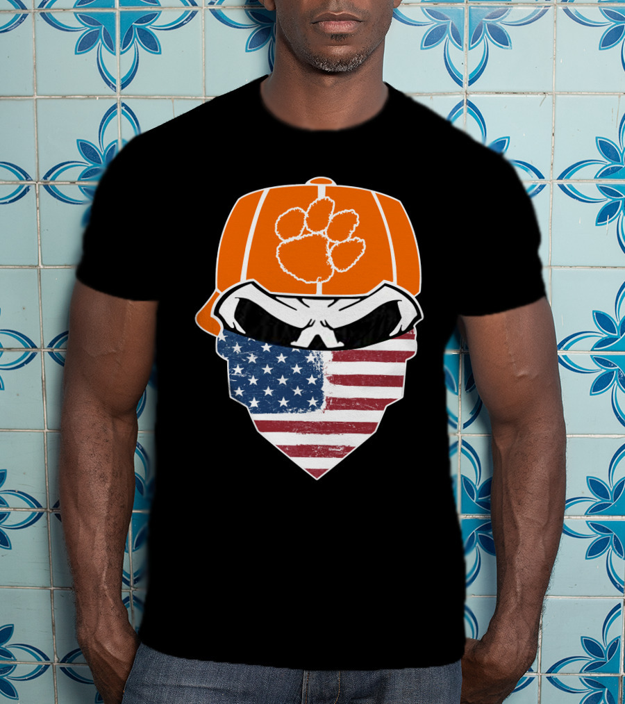 CLEMSON TIGERS Skuls Orange Cap Skull American Flag Bandana T-Shirt