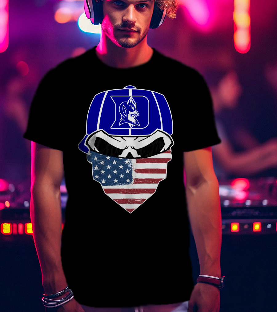 Duke Blue Devils Skulls American Flag Logo Cap Face Mask T-Shirt
