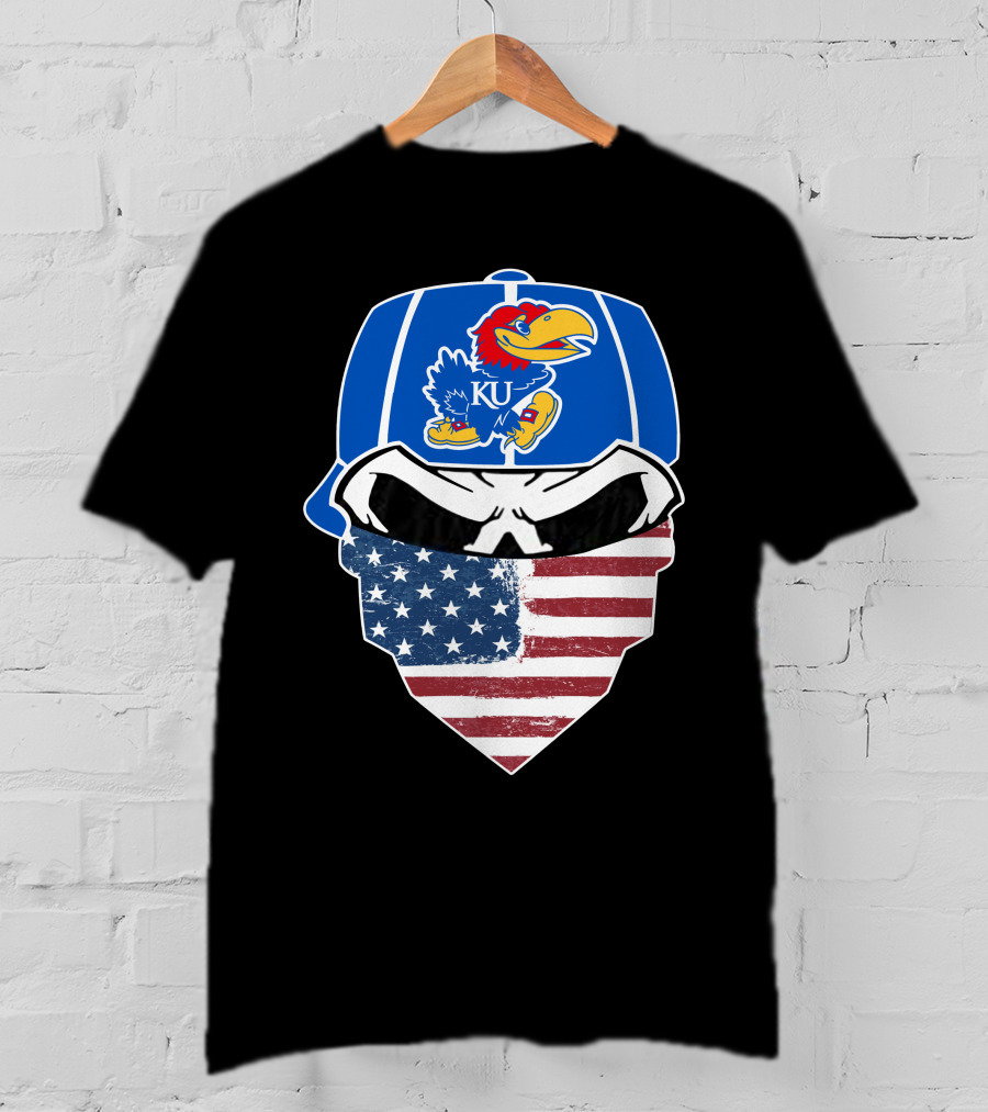 KU Jayhawks Skull American Flag Bandana Cap T-Shirt
