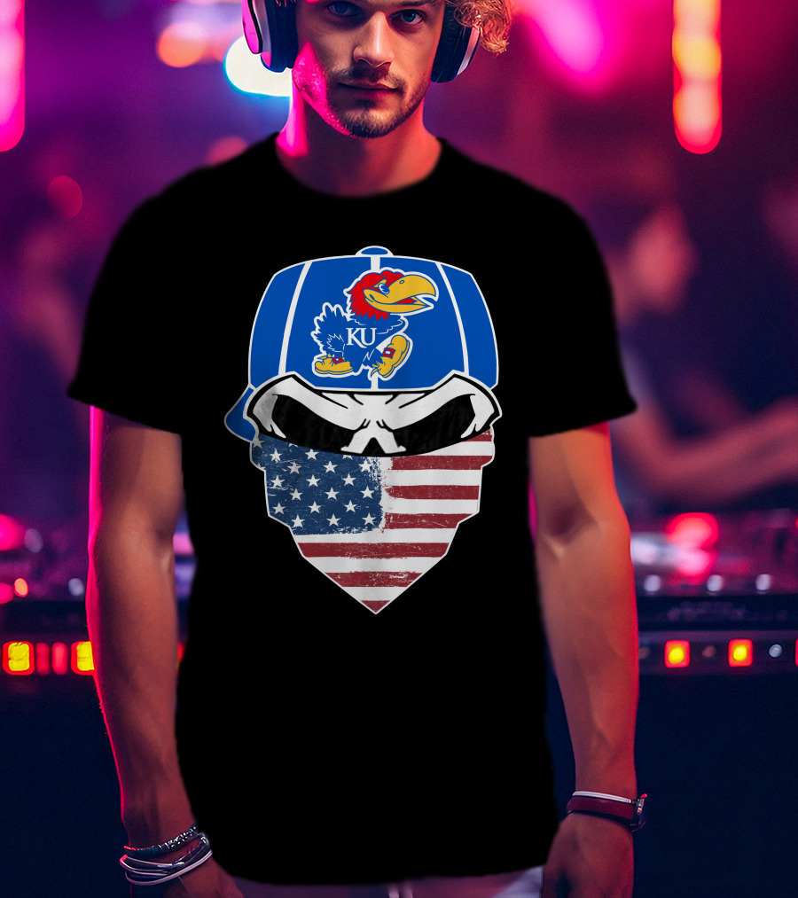 KU Jayhawks Skull American Flag Bandana Cap T-Shirt