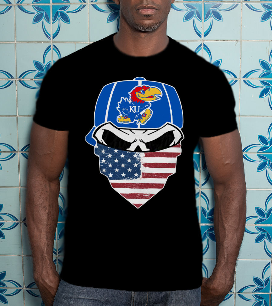 KU Jayhawks Skull American Flag Bandana Cap T-Shirt