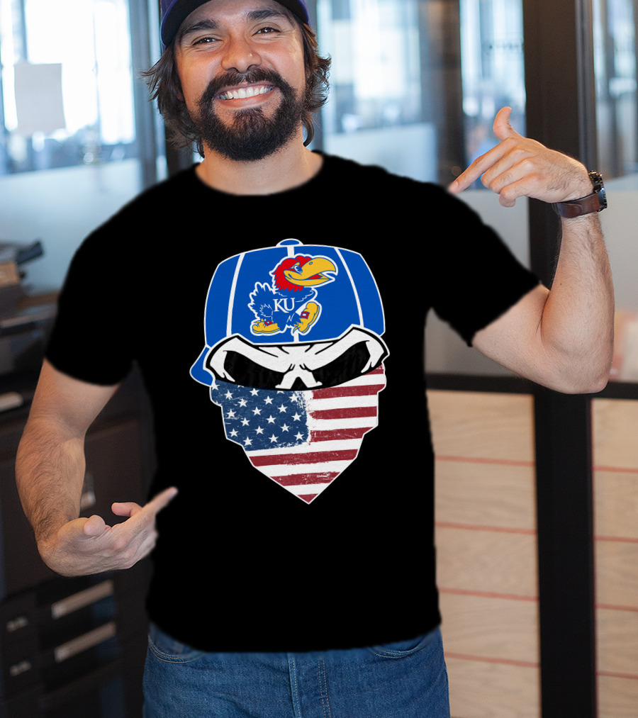 KU Jayhawks Skull American Flag Bandana Cap T-Shirt